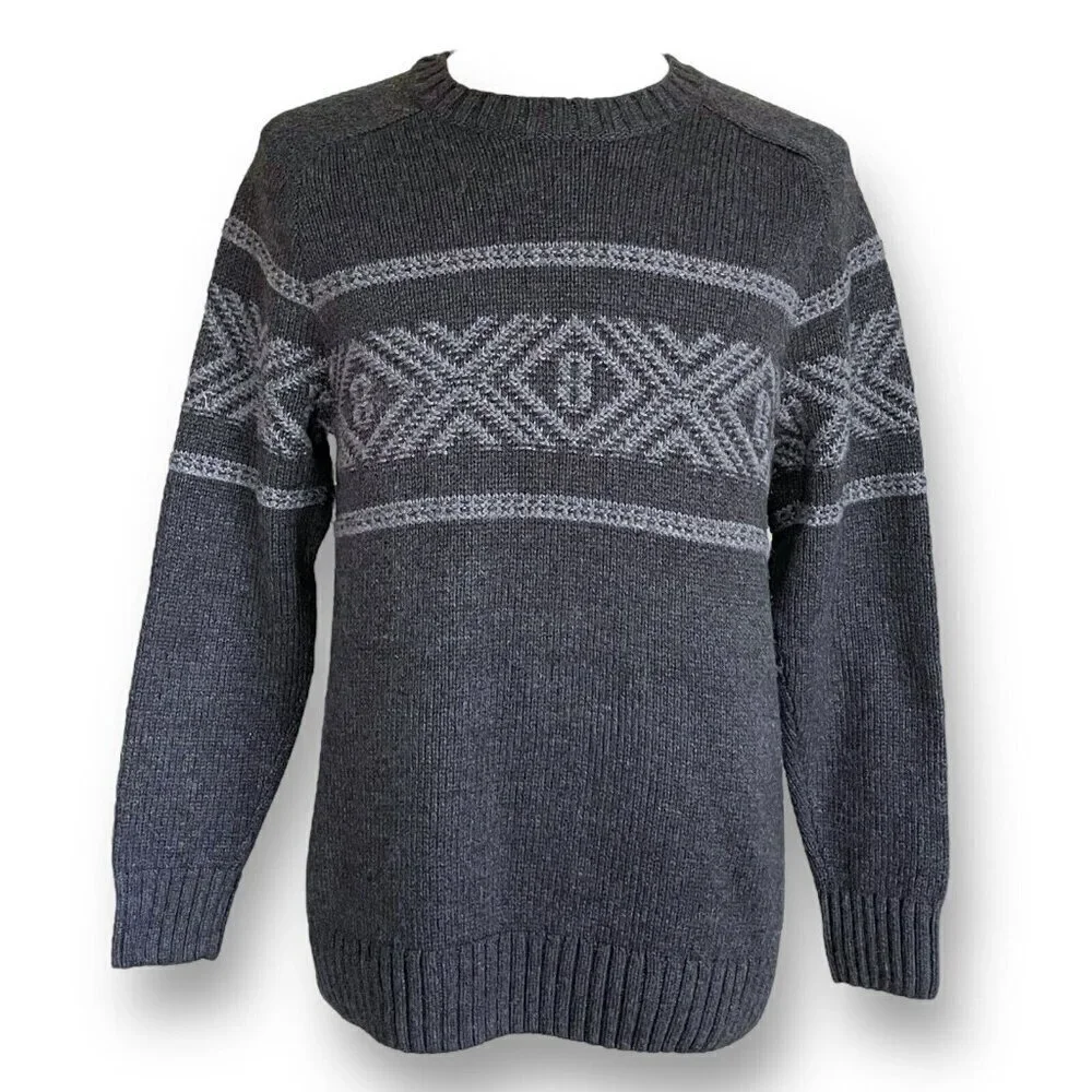Eddie Bauer Mens Sweater Sz Large Gray Cotton Wool Ski Nordic Knit Pullover - Picture 2 of 7